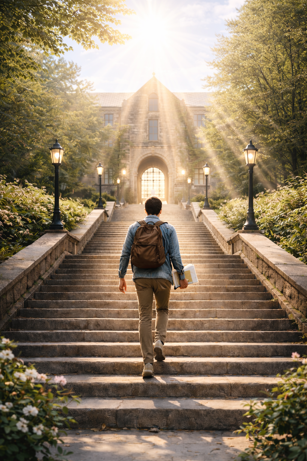 A winding road meanders through a misty, dense forest, with rays of light piercing through the canopy of towering trees.